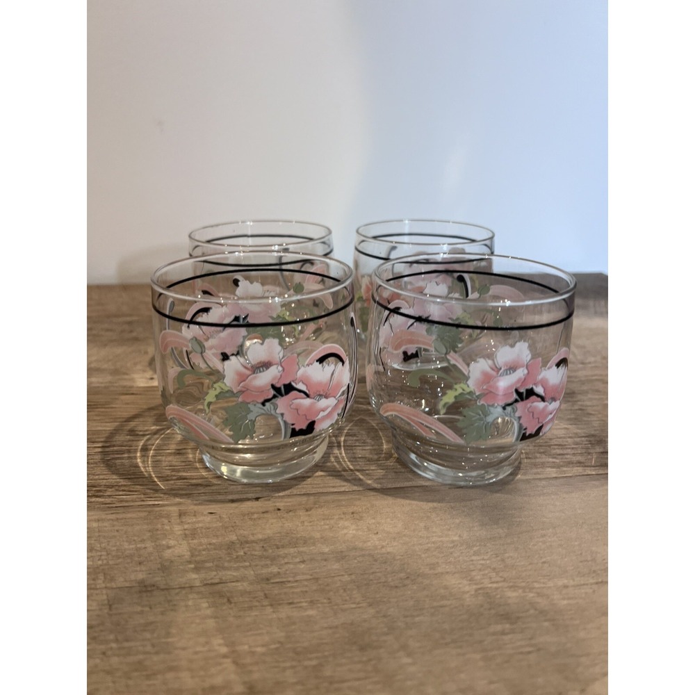 Vintage Sango Jolie Glasses Pink Black Floral design Set Of 4 (10oz)